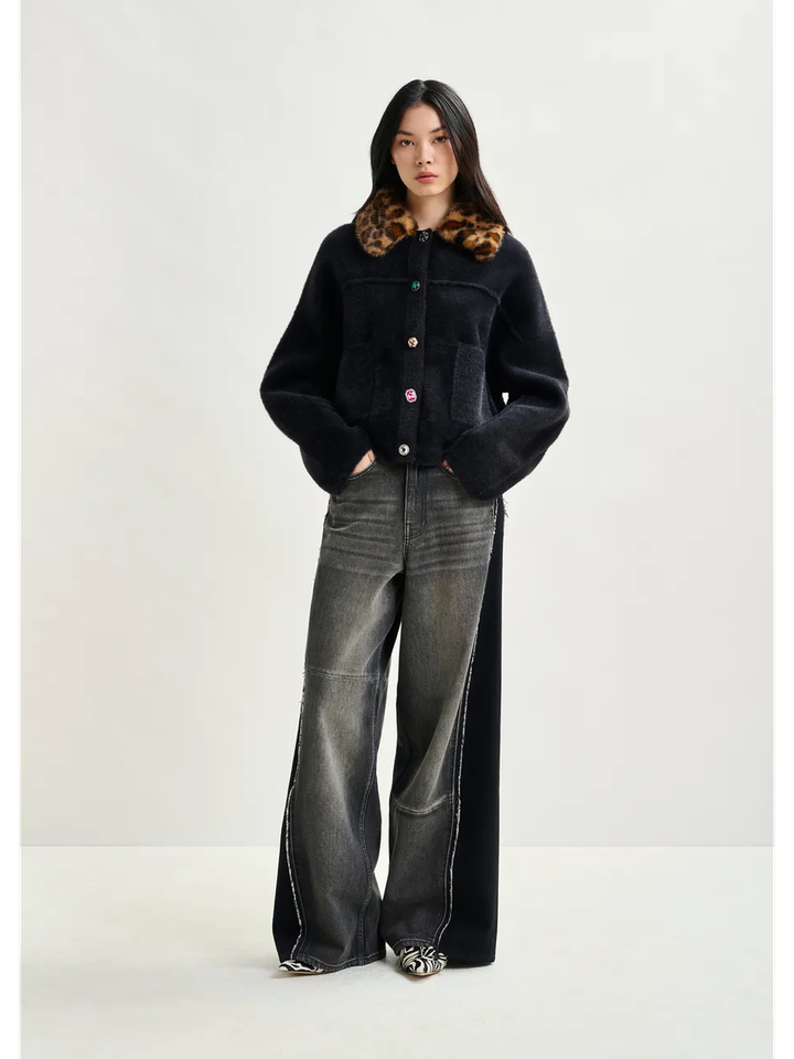 Zwarte cardigan met afneembare faux fur in leopard