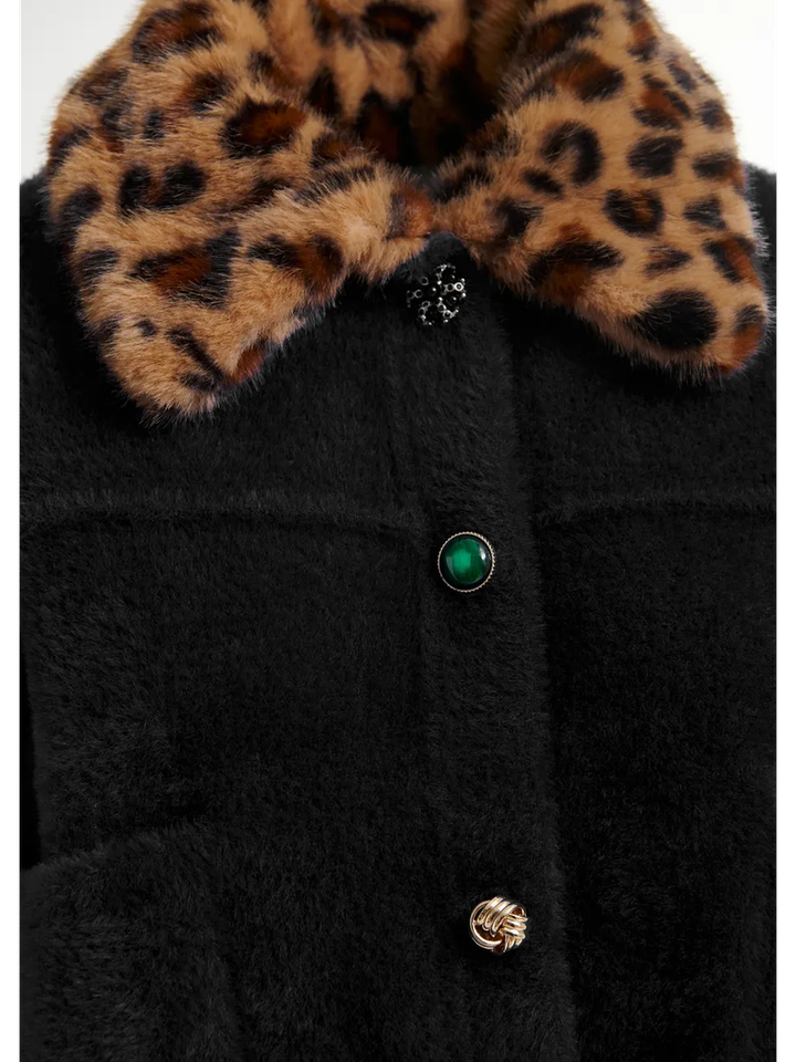 Zwarte cardigan met afneembare faux fur in leopard