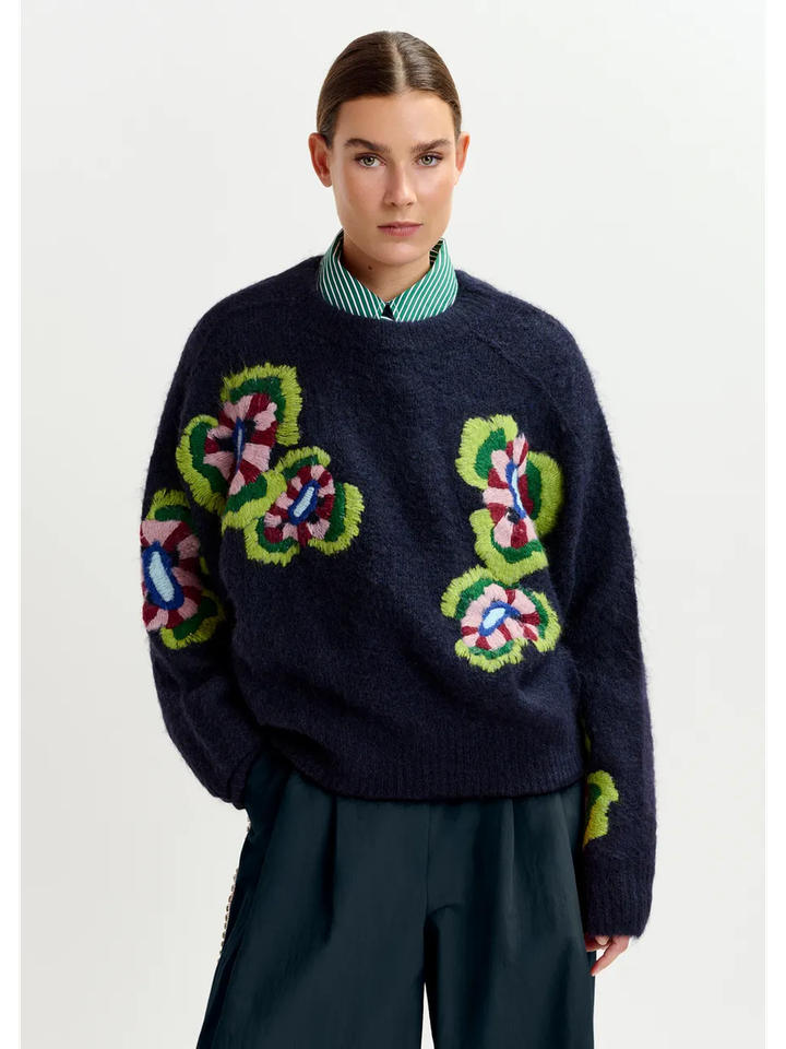 Donkerblauwe trui met bloemenprint Impossible Essentiel 