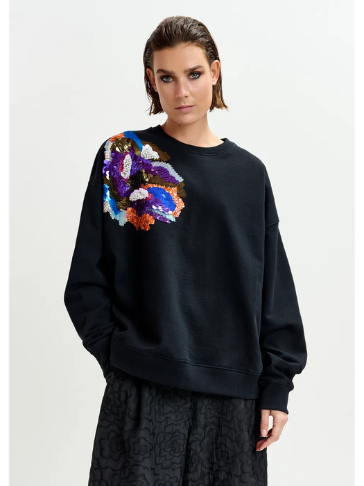 Zwarte katoenen sweater met multicolor borduurwerk Ivening Essentiel