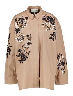 Mokka kleurige katoenen blouse met details in kralen Singus Munthe
