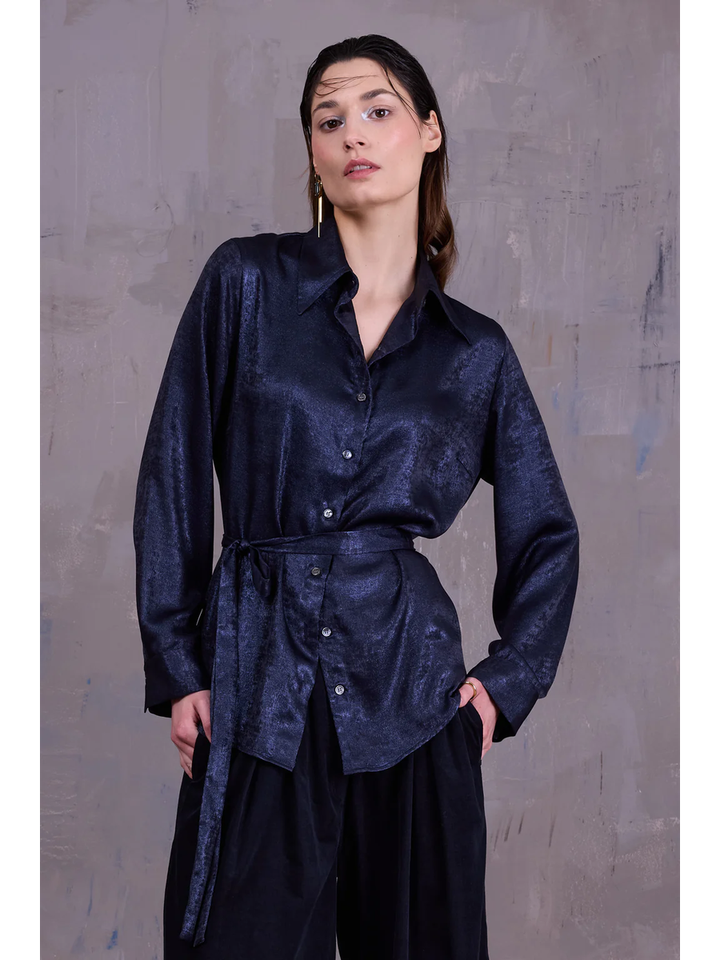 Donkerblauwe metallic blouse Godelieve Nathalie Vleeschouwer