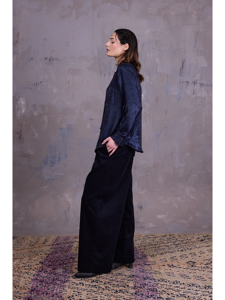 Donkerblauwe metallic blouse Godelieve Nathalie Vleeschouwer