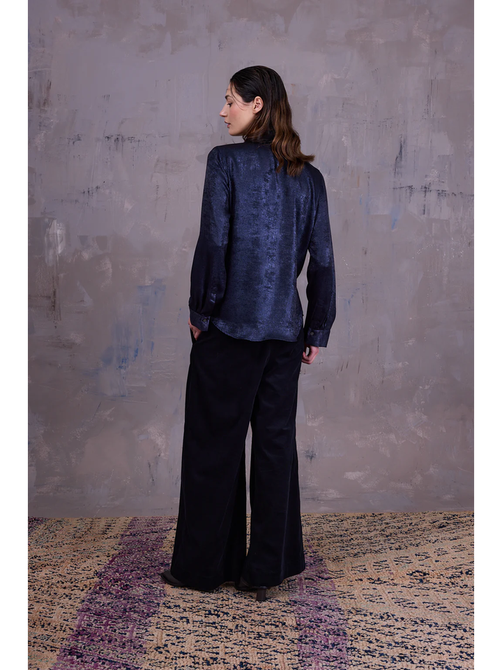 Donkerblauwe metallic blouse Godelieve Nathalie Vleeschouwer