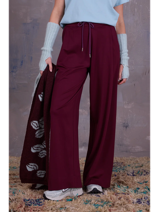 Nathalie Vleeschouwer Bordeaux wijde broek met bandplooi in sweater stof Geano