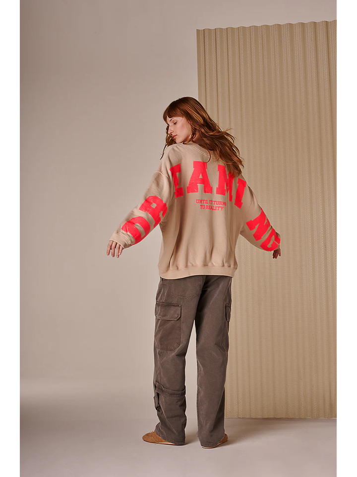 Beige sweater met roze opdruk op de achterkant Sky Dream Liv Bergen 