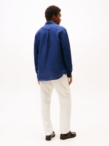 Donkerblauw linnen hemd (regular fit) met lange mouwen Tommy Hilfiger