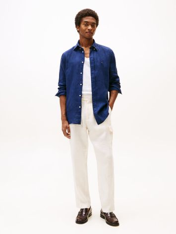 Donkerblauw linnen hemd (regular fit) met lange mouwen Tommy Hilfiger
