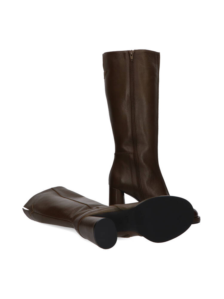 Kaki lederen lange laarzen met blokhak Zinda