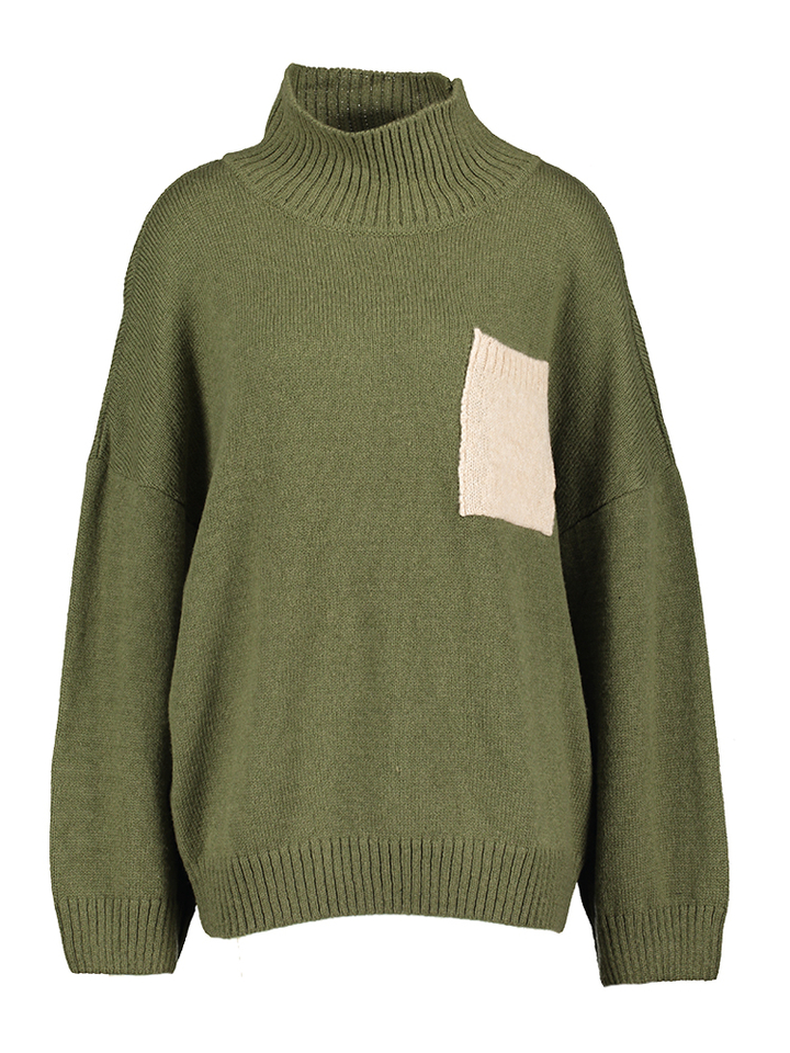 Kaki pull met rolkraag en beige opgestikte zak Stephy AC