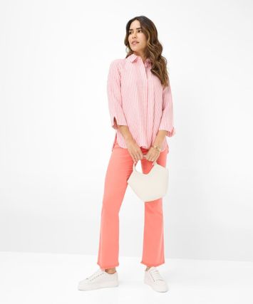 Koraal en wit gestreepte linnen blouse met driekwart mouwen Brax