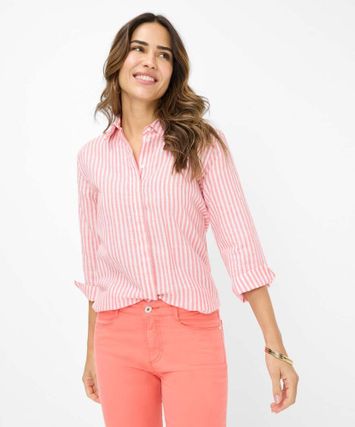 Koraal en wit gestreepte linnen blouse met driekwart mouwen Brax