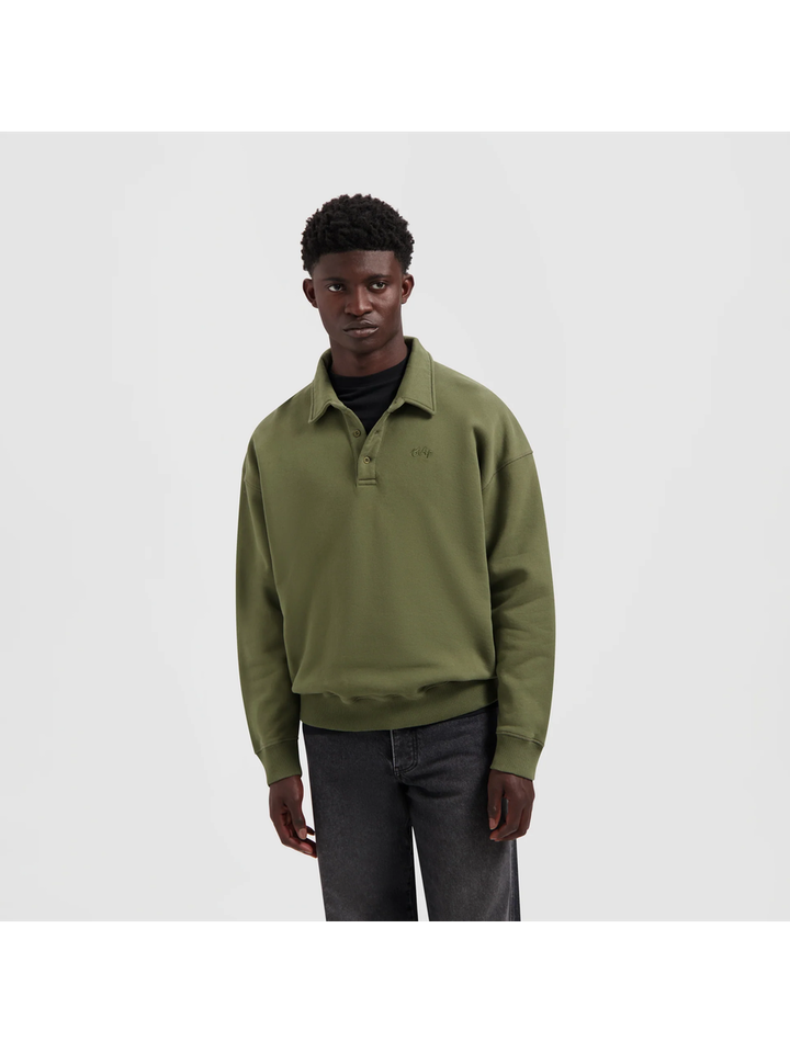 Kaki sweater met polo kraag Olaf
