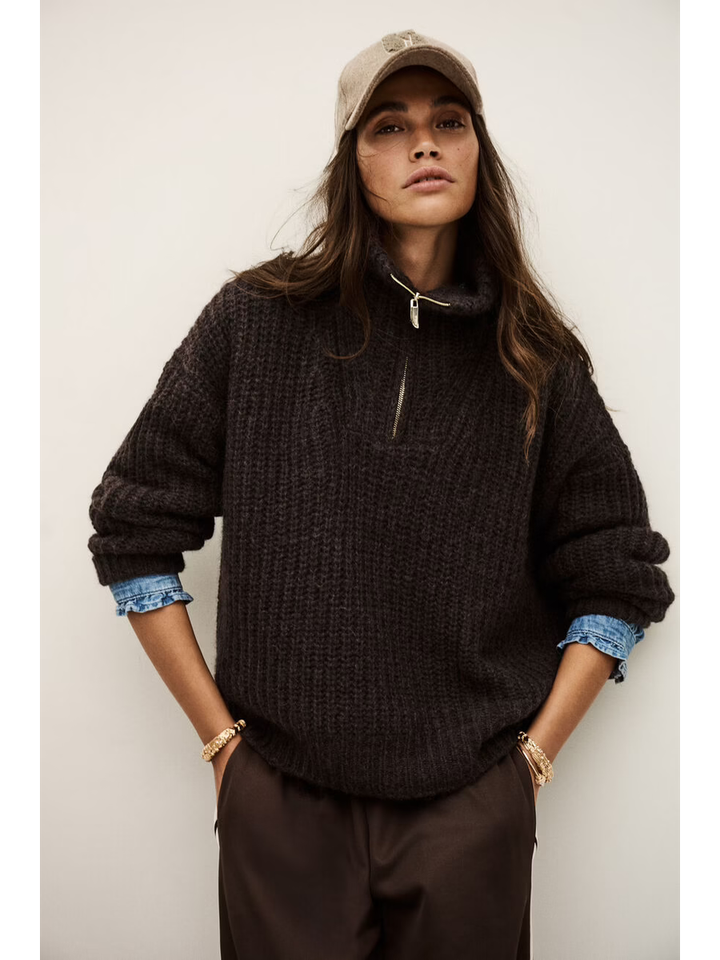 Donkerbruine wollen trui met korte ritssluiting Beltane BA&SH