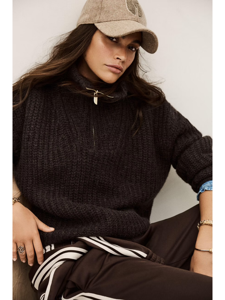 Donkerbruine wollen trui met korte ritssluiting Beltane BA&SH