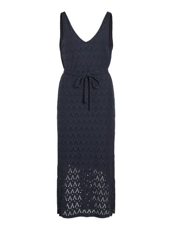 Donkerblauw midi jurk met broderie Viamalina Vila