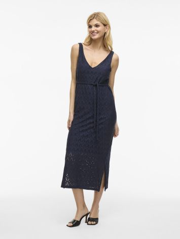 Donkerblauw midi jurk met broderie Viamalina Vila