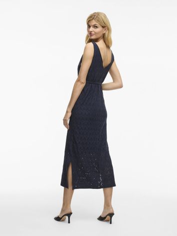 Donkerblauw midi jurk met broderie Viamalina Vila
