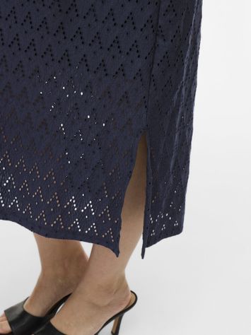 Donkerblauw midi jurk met broderie Viamalina Vila