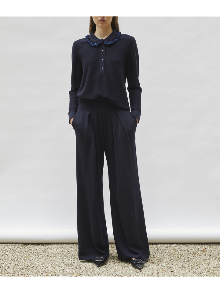 Zwarte wijde wollen broek met bandplooi Lauren Molli