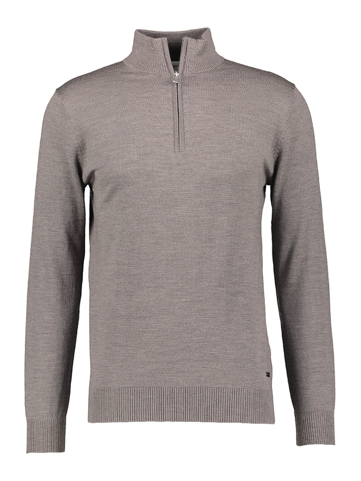 Taupe kleurige trui in merino wol met korte rits Saul Seven Dials