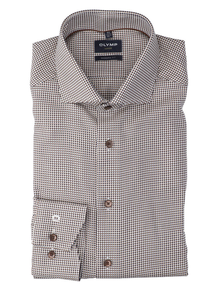 Wit katoenen hemd (regular fit) in bruinkleurige print Olymp
