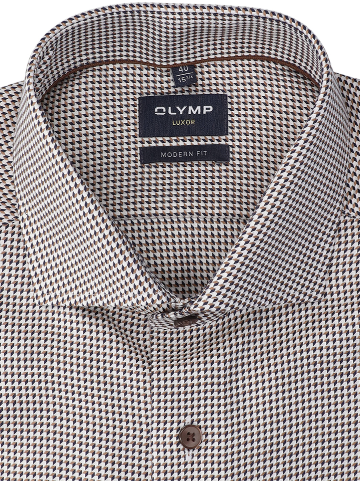 Wit katoenen hemd (regular fit) in bruinkleurige print Olymp