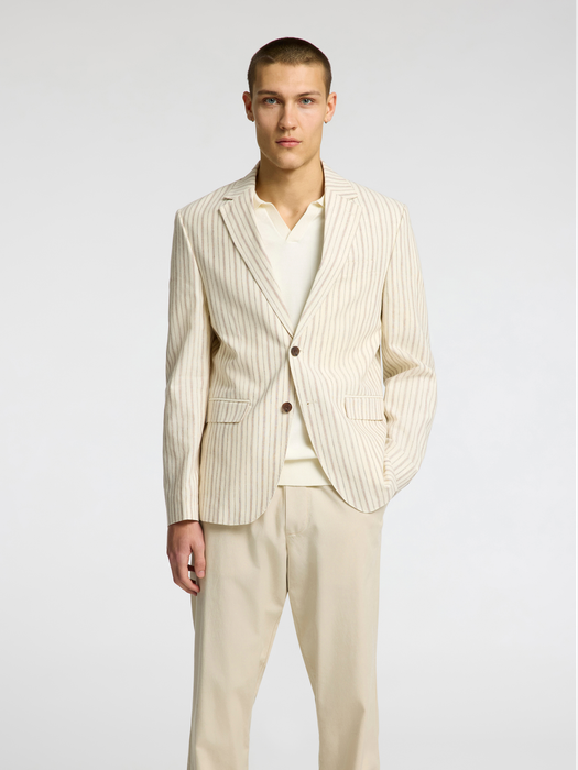 Beige gestreepte linnen blazer Henley Selected