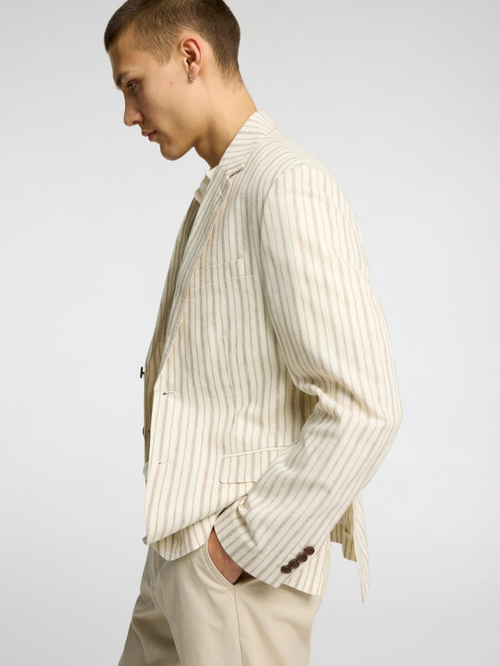 Beige gestreepte linnen blazer Henley Selected