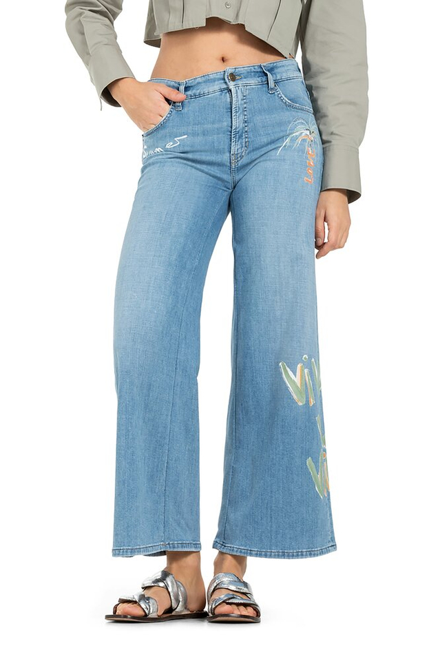 Lichtblauwe loose fit cropped jeans met multicolor details Palazzo Cropped Cambio