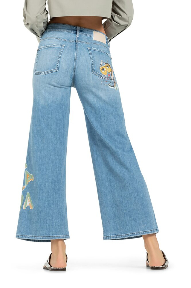 Lichtblauwe loose fit cropped jeans met multicolor details Palazzo Cropped Cambio