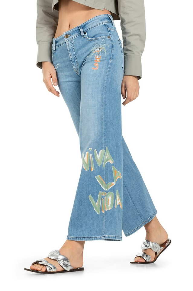 Lichtblauwe loose fit cropped jeans met multicolor details Palazzo Cropped Cambio