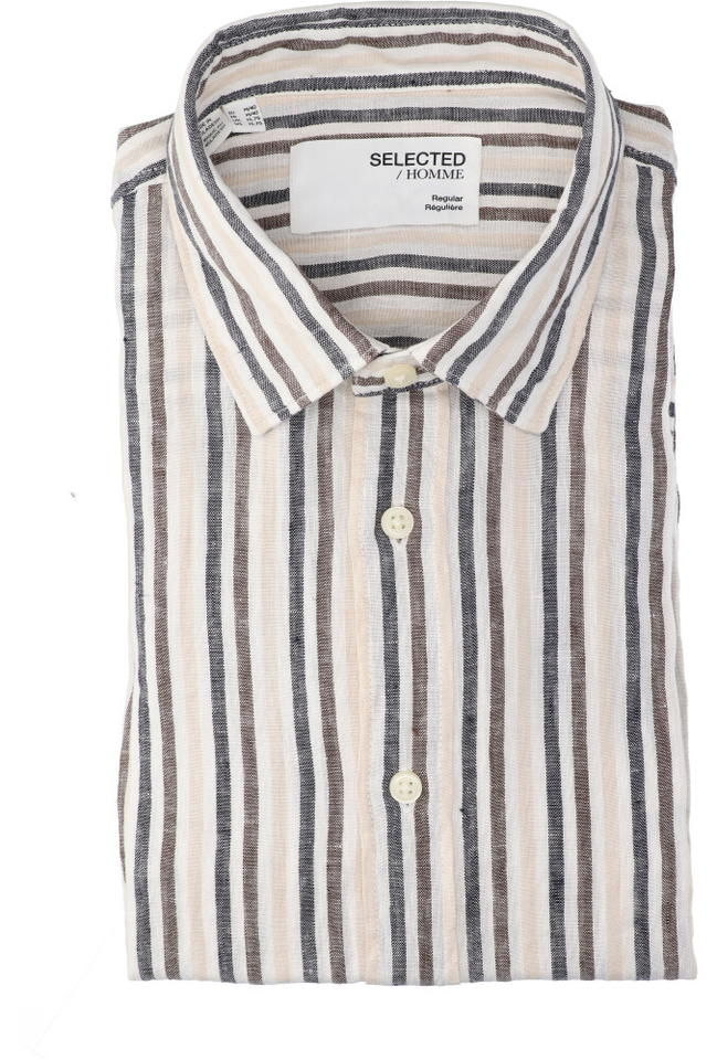 Bright wit linnen hemd (regular fit) met lange mouwen multi stripes Selected