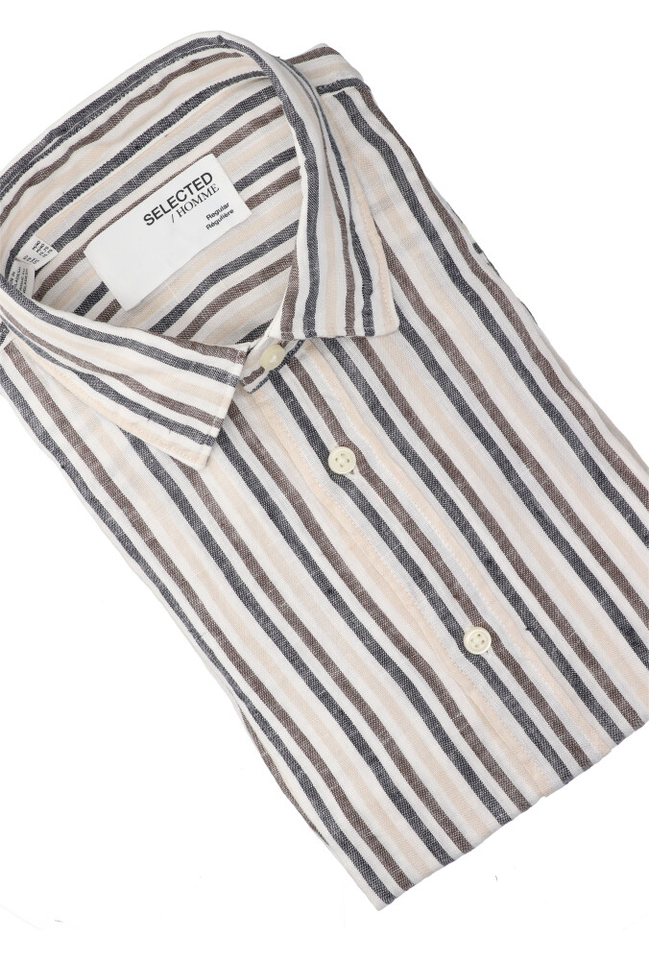 Bright wit linnen hemd (regular fit) met lange mouwen multi stripes Selected