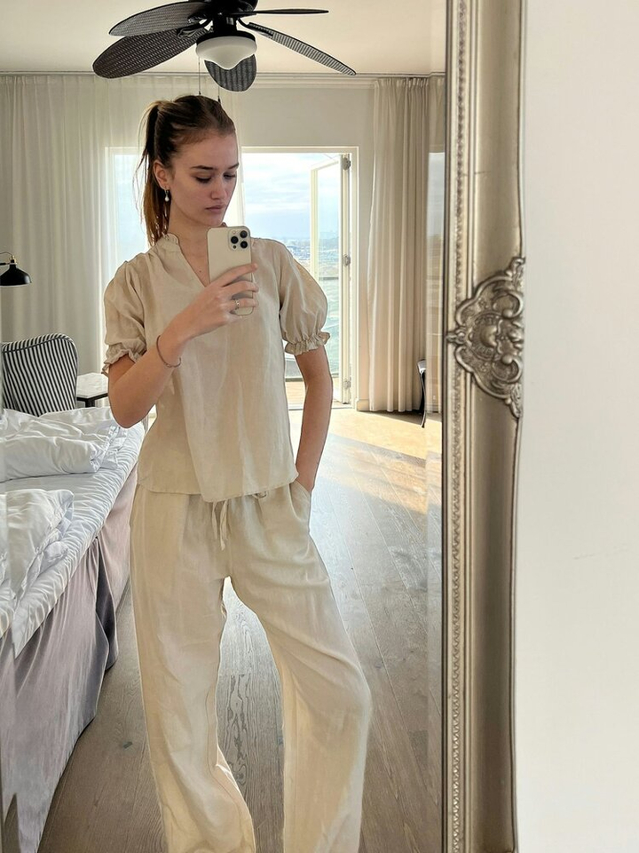 Beige linnen broek met elastiek Sonar Neo Noir 