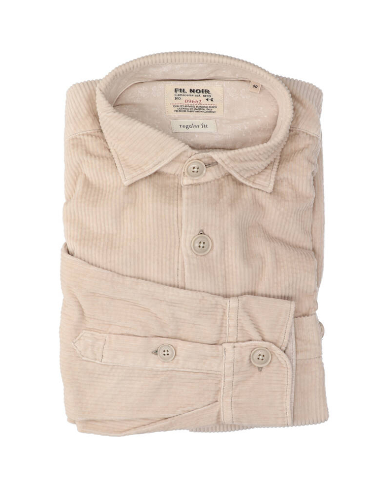 Beige ribfluwelen hemd (slim fit) met lange mouwen Fil Noir