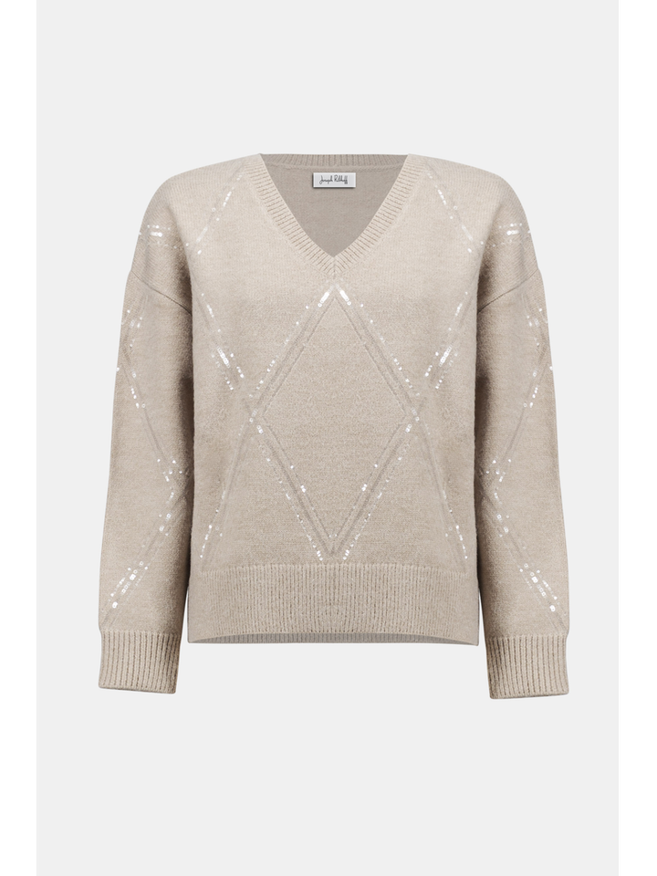 Beige pull met v-hals en pailletten Joseph Ribkoff  