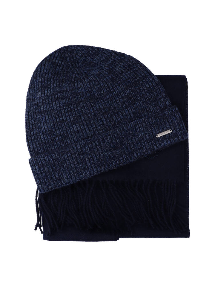 Donkerblauwe wollen muts met bijpassende sjaal Bugatti