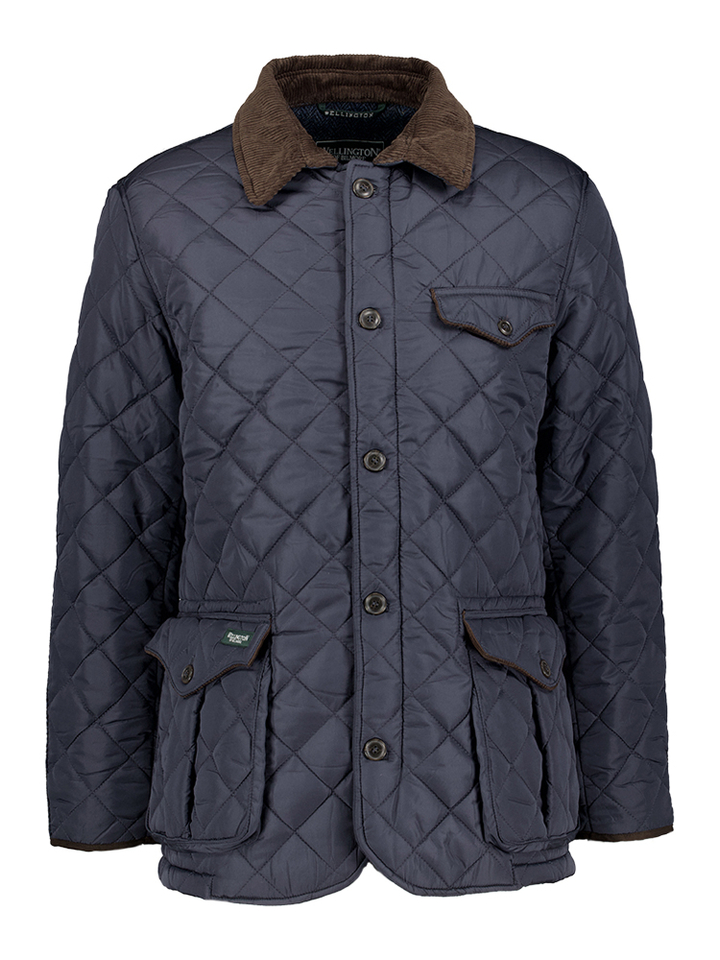 Blauwe padded jas met ribfluwelen detailaan de kraag en elleboogpatch Wellington Of Bilmore