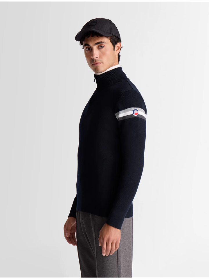 Blauwe wollen trui met streep detail aan de mouw Wengen Fusalp