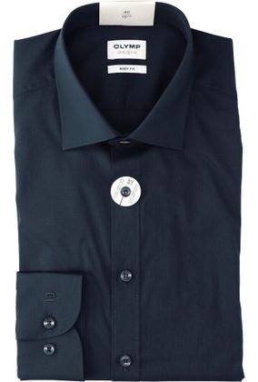 Olymp Donkerblauw katoenen hemd ( regular fit) met donkere knopen en extra lange mouwen