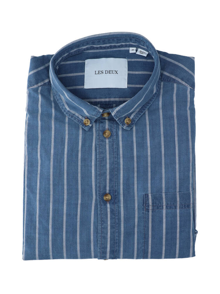 Jeansblauw linnen hemd (regular fit) met strepen en lange mouwen Les Deux