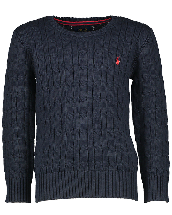 Donkerblauwe trui met kabel en rood merklogo Ralph Lauren