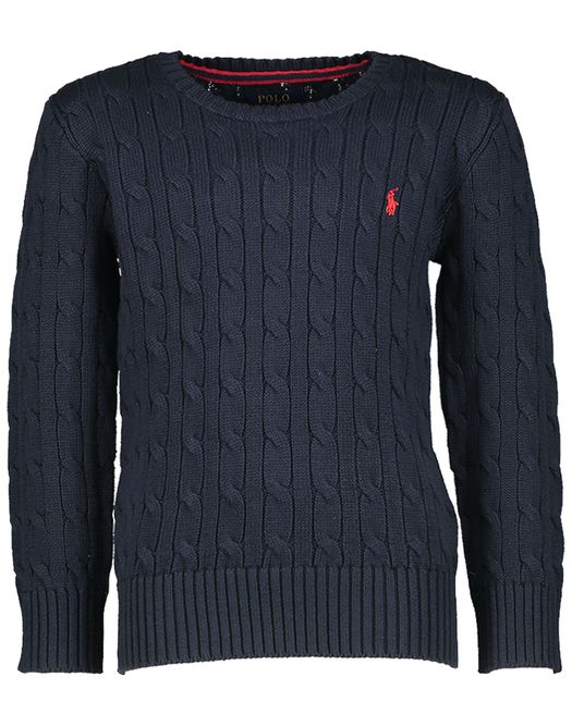 Donkerblauwe trui met kabel en rood merklogo Ralph Lauren