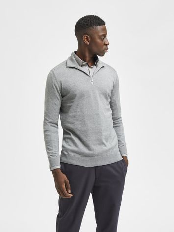 Lichtgrijze katoenen pull met korte rits Selected