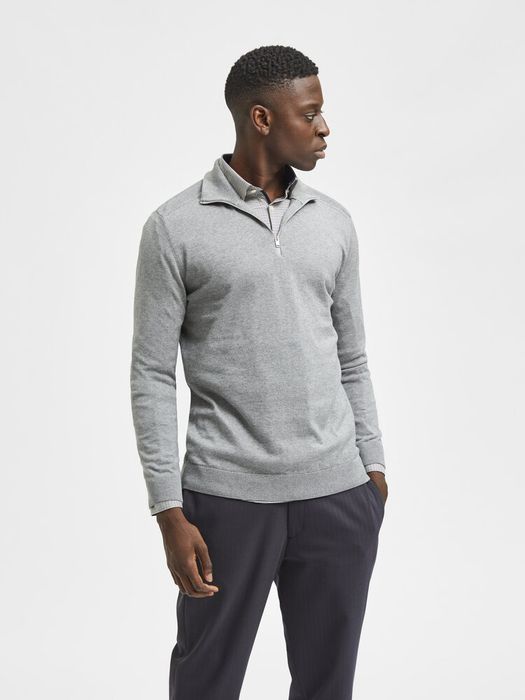 Lichtgrijze katoenen pull met korte rits Selected