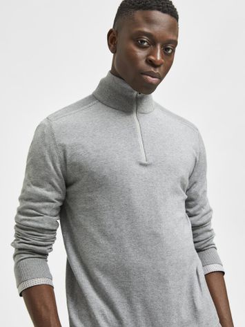 Lichtgrijze katoenen pull met korte rits Selected