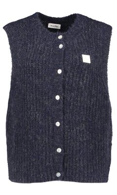 Blauwe gilet zonder mouwen en merklogo op de borst East American Vintage