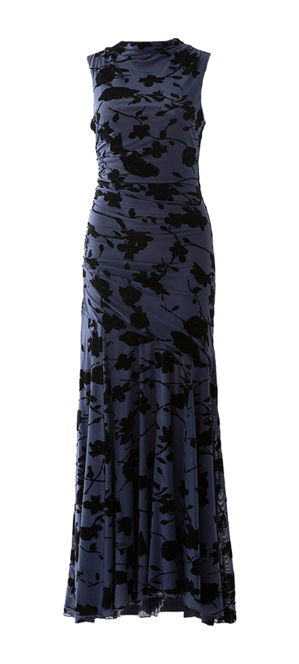 Donkerblauwe jurk met velvet bloemenprint Cosmos Rails