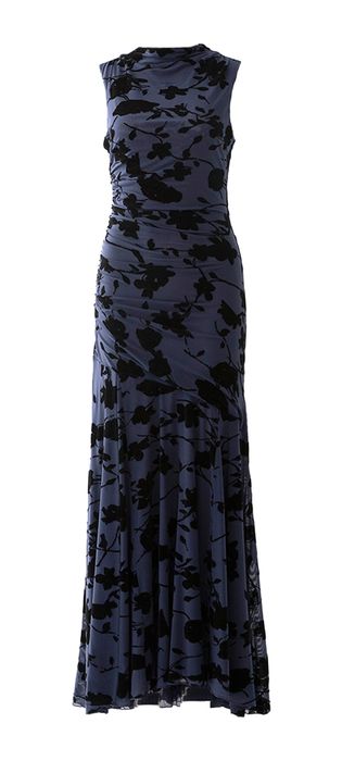 Donkerblauwe jurk met velvet bloemenprint Cosmos Rails